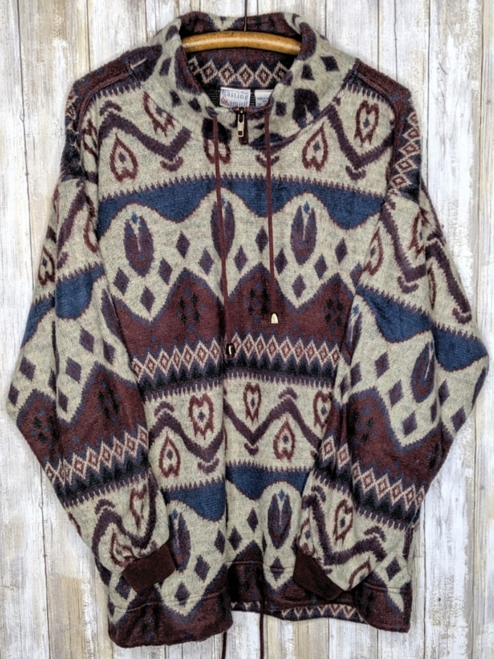 Vintage maroon tan aztec geometric patterned pullover cozy tunic sweater